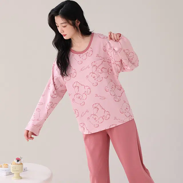 都市丽人 卡通印花简约设计长袖套头时尚家居服休闲可外穿睡衣套装 女款 图片色