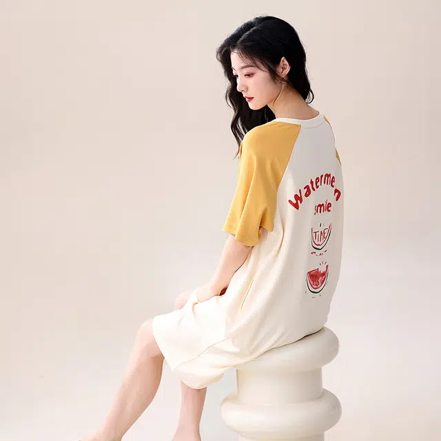 都市丽人 休闲薄款亲肤可外穿家居服免穿文胸短袖睡裙 女款 杏色
