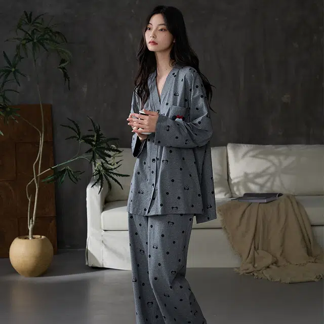 都市丽人 纯棉舒适休闲开衫可爱图案长袖长裤家居服可外穿睡衣套装 女款 图片色