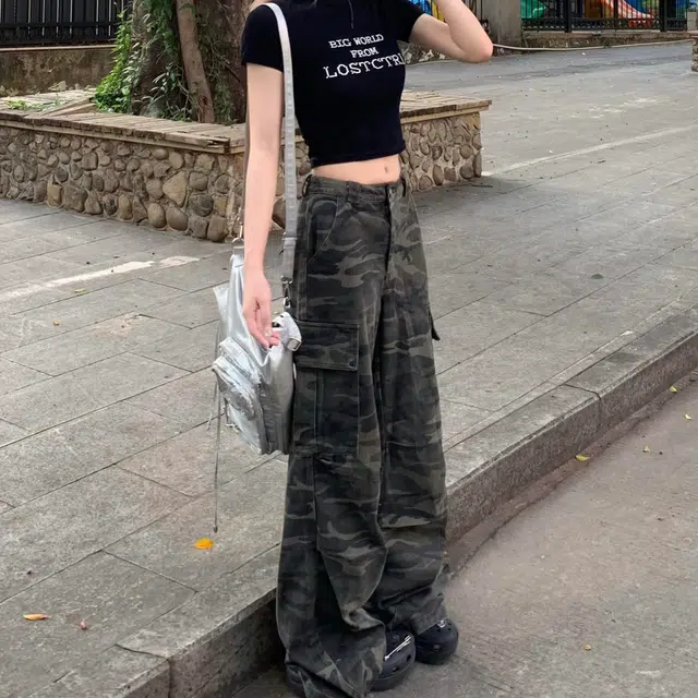 虫小绿 美式复古高街多口袋阔腿工装裤 潮流百搭显高显瘦牛仔裤 男女同款