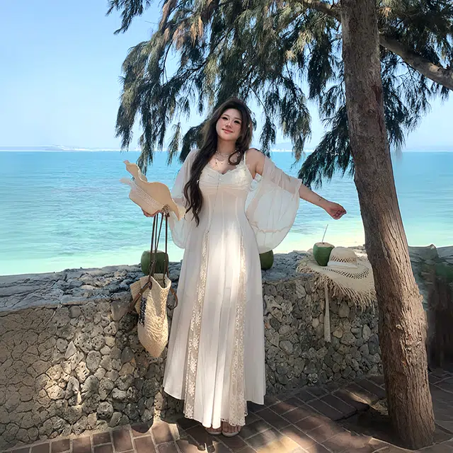 安妮不火 甜美浪漫蝴蝶蕾丝装饰罩衫飘逸雪纺仙女裙裙装套装 女款 杏色