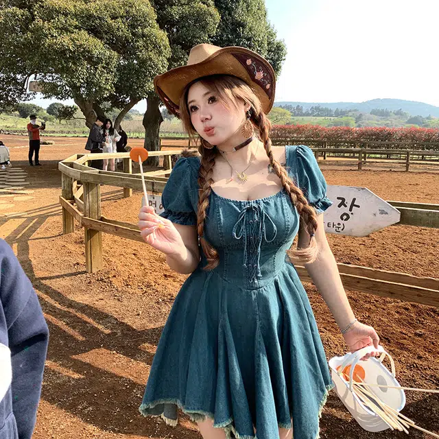 安妮不火 高腰显瘦复古流苏牛仔立体泡泡袖短袖连衣裙 女款