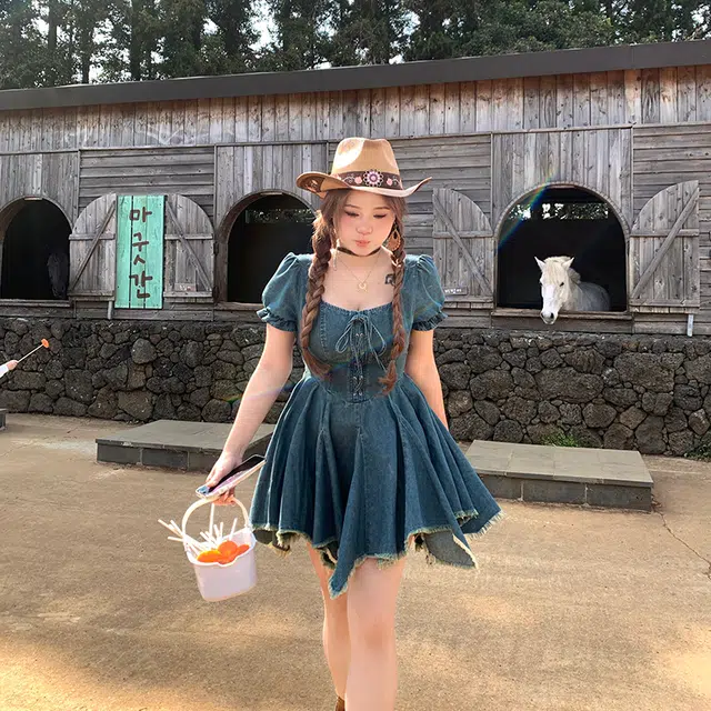 安妮不火 高腰显瘦复古流苏牛仔立体泡泡袖短袖连衣裙 女款