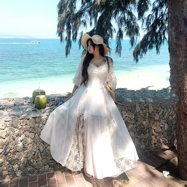 安妮不火 甜美浪漫蝴蝶蕾丝装饰罩衫飘逸雪纺仙女裙裙装套装 女款 杏色