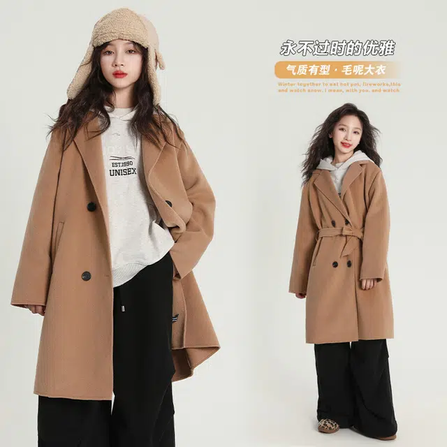 雅鹿 翻领洋气纯色长袖大衣 卡其色 青少年