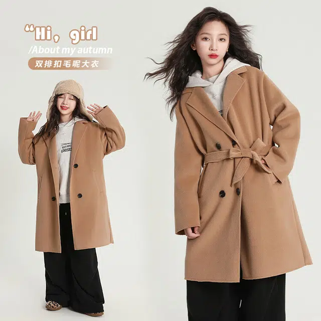 雅鹿 翻领洋气纯色长袖大衣 卡其色 青少年