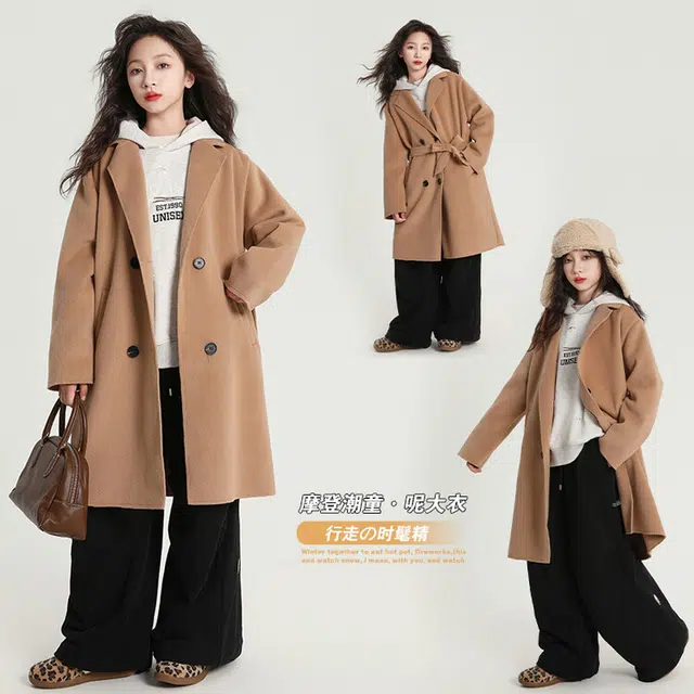 雅鹿 翻领洋气纯色长袖大衣 卡其色 青少年