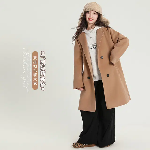 雅鹿 翻领洋气纯色长袖大衣 卡其色 青少年