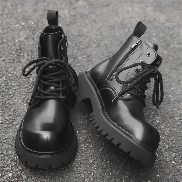 超纤皮 秋冬季加绒加厚防滑 黑武士系列 侧拉链厚底德比潮流百搭户外机车靴 短筒 时尚马丁靴 男款 经典黑色