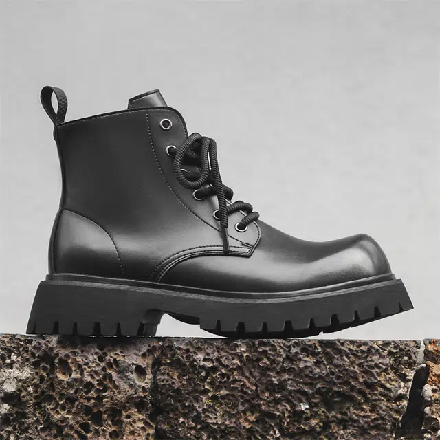 超纤皮 秋冬季加绒加厚防滑 黑武士系列 侧拉链厚底德比潮流百搭户外机车靴 短筒 时尚马丁靴 男款 经典黑色