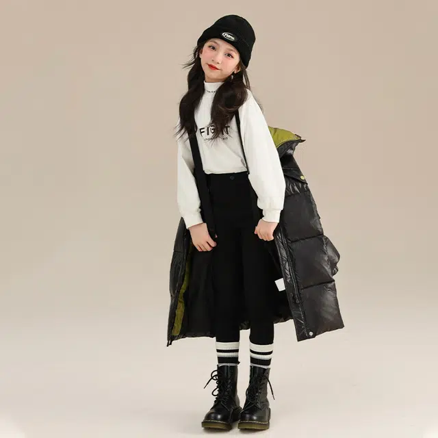 鸭鸭 纯色拼接加厚保暖连帽中长款羽绒服 儿童款