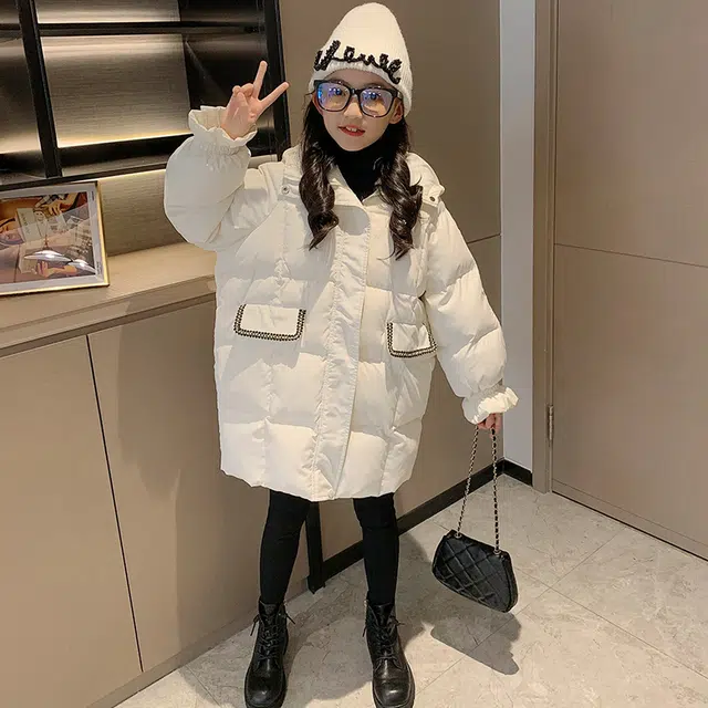鸭鸭 童装 纯色连帽中长款宽松休闲羽绒服 儿童款