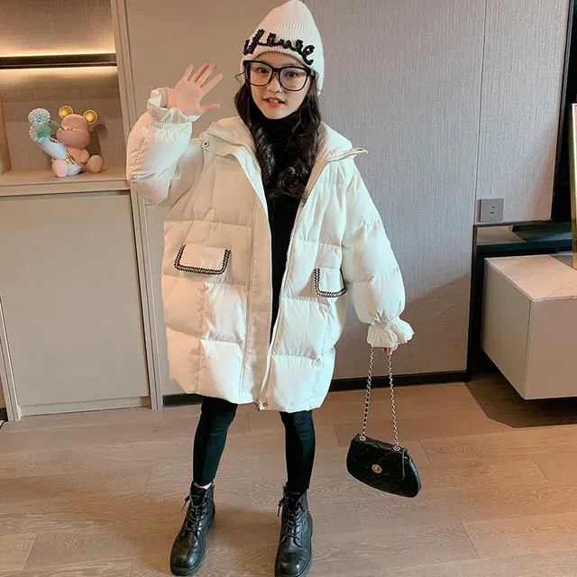 鸭鸭 童装 纯色连帽中长款宽松休闲羽绒服 儿童款
