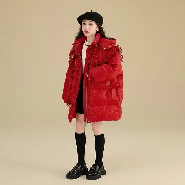 鸭鸭 童装 纯色加厚连帽长袖羽绒服 儿童款 中国红
