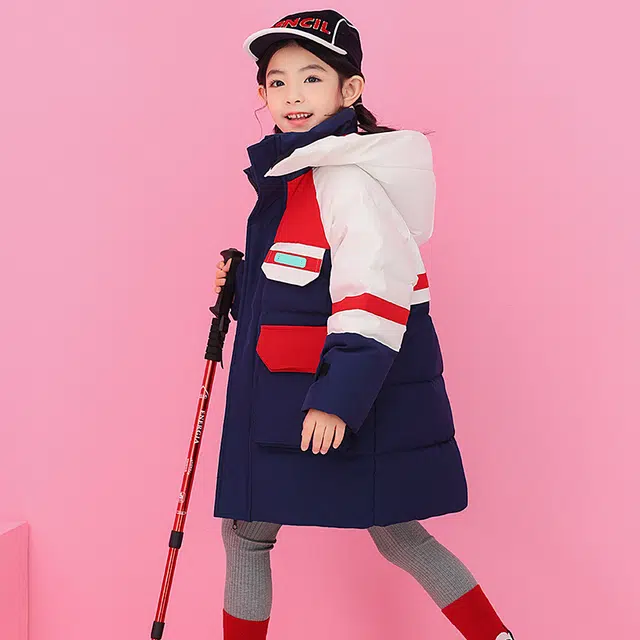 鸭鸭 洋气拼色连帽加厚鸭绒中长款羽绒服 儿童款 藏青