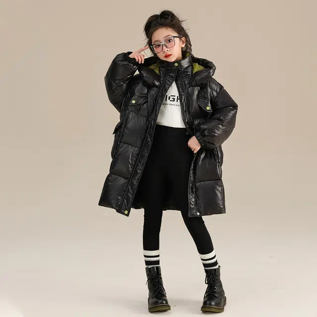 鸭鸭 纯色拼接加厚保暖连帽中长款羽绒服 儿童款