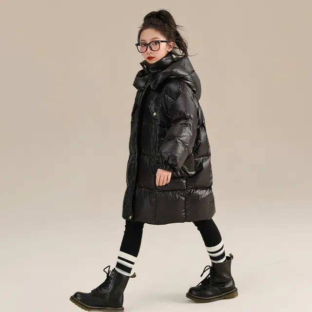 鸭鸭 纯色拼接加厚保暖连帽中长款羽绒服 儿童款