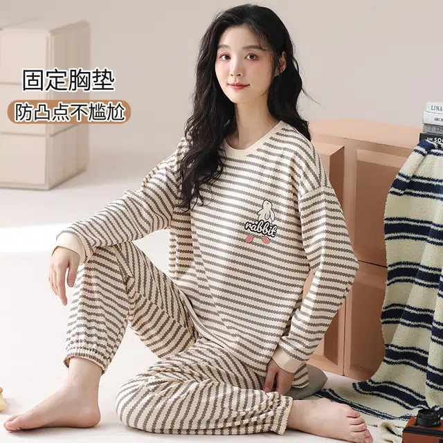 俏霓桐 条纹长袖套头带胸垫休闲舒适家居服睡衣套装 女 图色