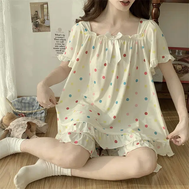 俏霓桐 可爱波点时尚甜美短袖三分裤睡衣套装 女款 图色