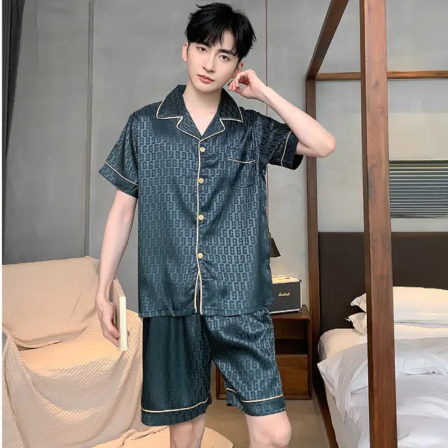 俏霓桐 冰丝休闲亲肤舒适短袖五分裤睡衣套装 男款 图色