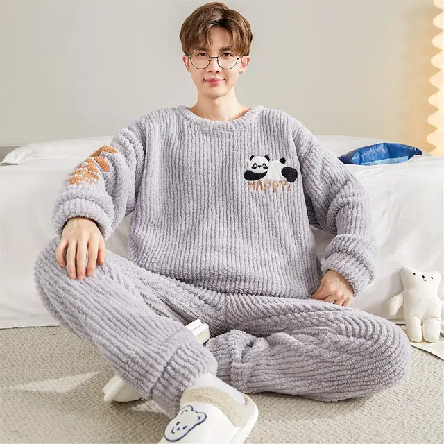 俏霓桐 卡通熊猫圆领加厚加绒珊瑚绒保暖秋冬季青少年学生简约可外穿家居服睡衣套装 男款