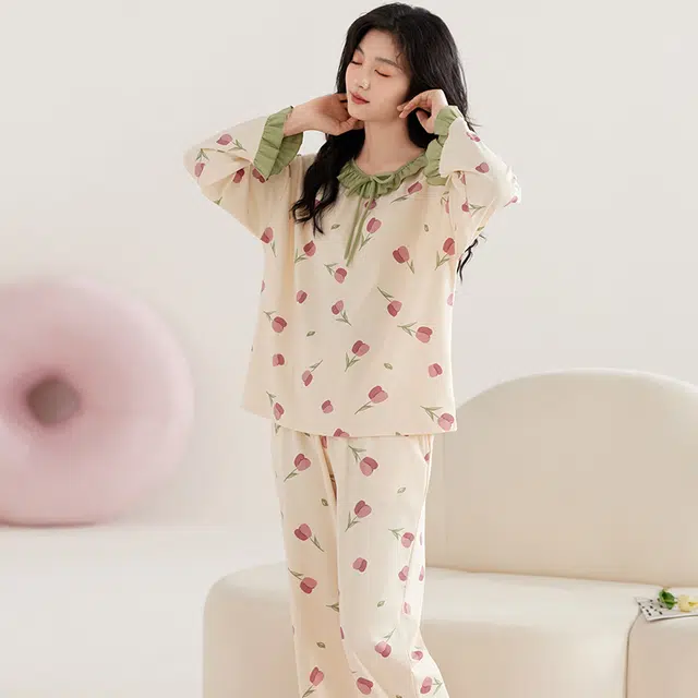俏霓桐 长袖套头花花可爱休闲甜美居家舒适家居服睡衣套装 女 图色
