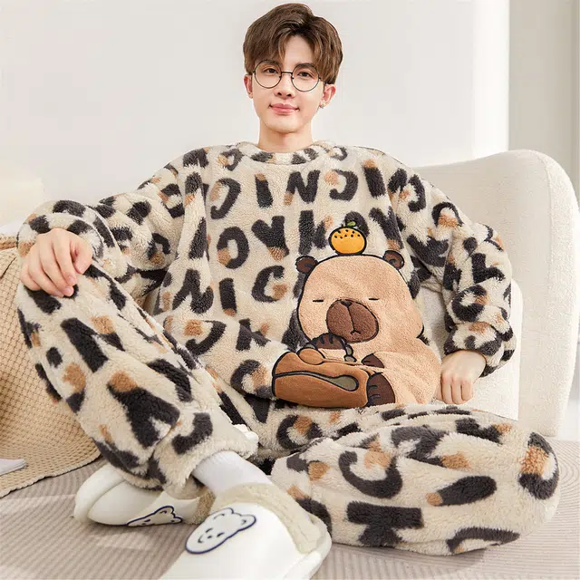 俏霓桐 圆领加厚加绒珊瑚绒保暖秋冬季青少年学生简约可外穿家居服睡衣套装 男款