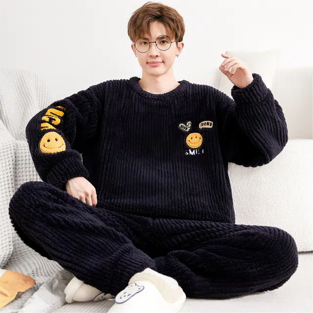 俏霓桐 卡通笑脸圆领加厚加绒珊瑚绒保暖秋冬季青少年学生简约可外穿家居服睡衣套装 男款