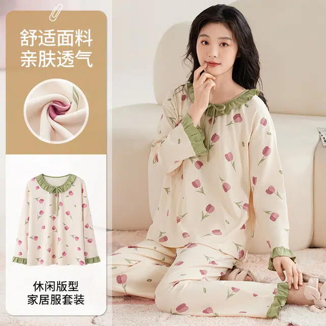 俏霓桐 长袖套头花花可爱休闲甜美居家舒适家居服睡衣套装 女 图色