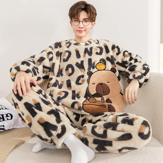 俏霓桐 圆领加厚加绒珊瑚绒保暖秋冬季青少年学生简约可外穿家居服睡衣套装 男款