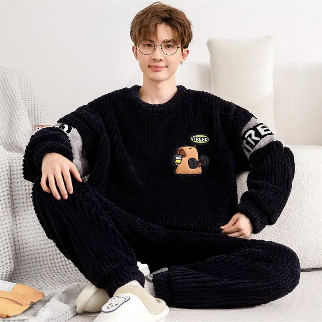 俏霓桐 卡通圆领加厚加绒珊瑚绒保暖秋冬季青少年学生简约可外穿家居服睡衣套装 男款