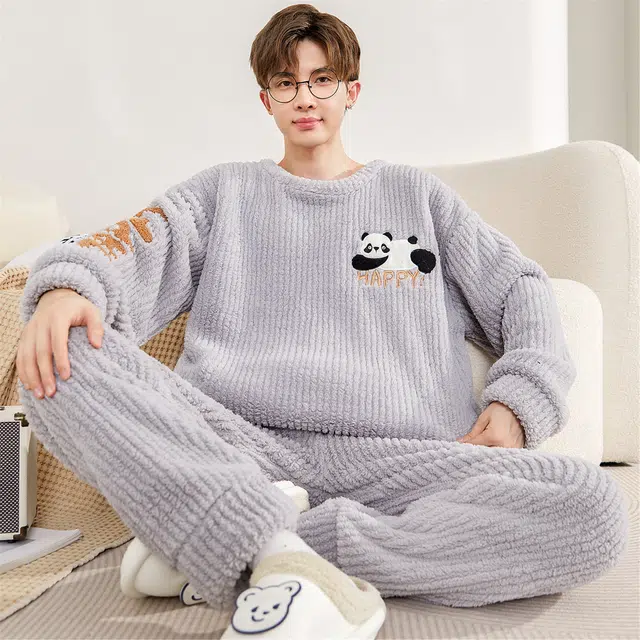 俏霓桐 卡通熊猫圆领加厚加绒珊瑚绒保暖秋冬季青少年学生简约可外穿家居服睡衣套装 男款