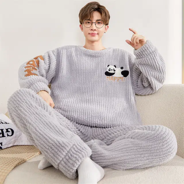 俏霓桐 卡通熊猫圆领加厚加绒珊瑚绒保暖秋冬季青少年学生简约可外穿家居服睡衣套装 男款