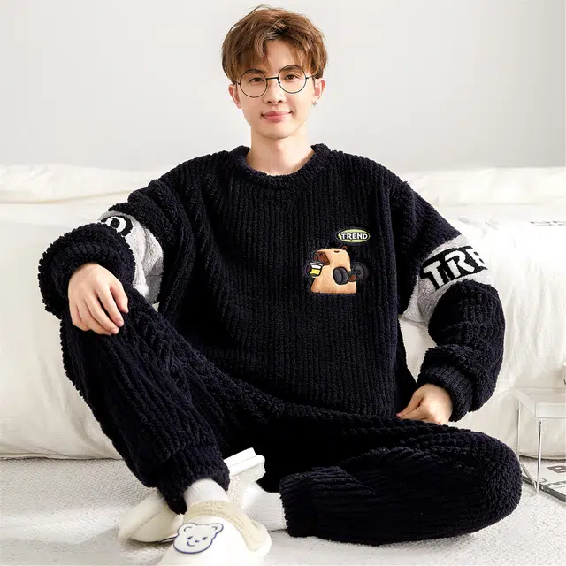 俏霓桐 卡通圆领加厚加绒珊瑚绒保暖秋冬季青少年学生简约可外穿家居服睡衣套装 男款