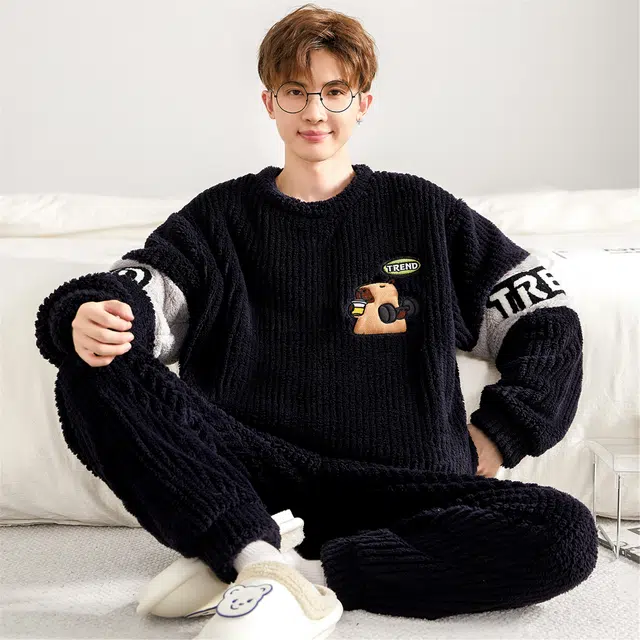 俏霓桐 卡通圆领加厚加绒珊瑚绒保暖秋冬季青少年学生简约可外穿家居服睡衣套装 男款