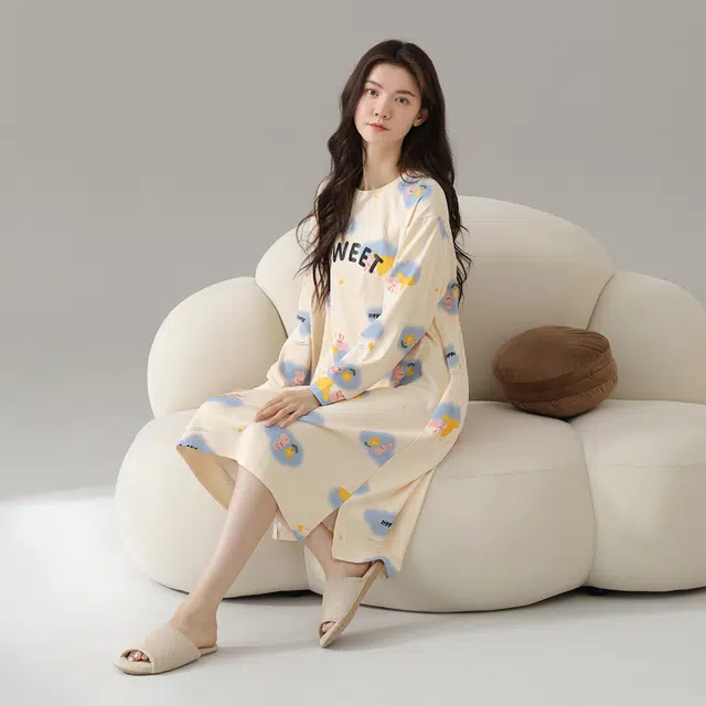 俏霓桐 舒适圆领长袖可爱甜美学生时尚居家睡衣家居服睡裙 女款