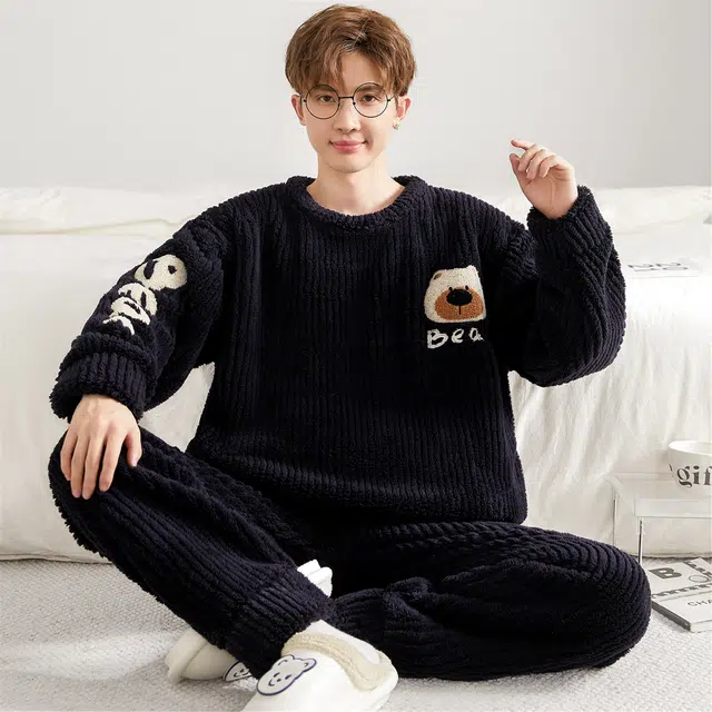 俏霓桐 卡通小熊圆领加厚加绒珊瑚绒保暖秋冬季青少年学生简约可外穿家居服睡衣套装 男款