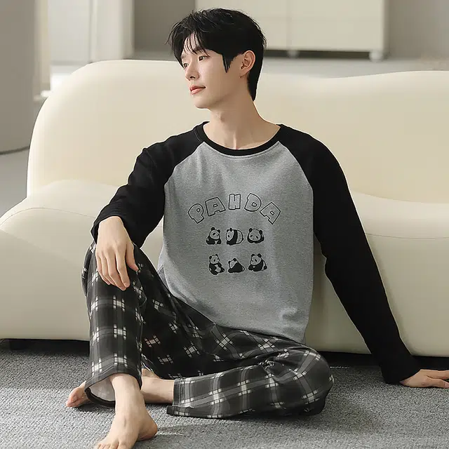 俏霓桐 卡通可爱熊猫纯棉长袖格子裤可外穿家居服睡衣套装 男款