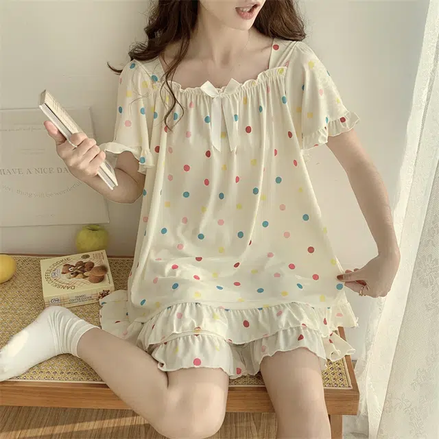 俏霓桐 可爱波点时尚甜美短袖三分裤睡衣套装 女款 图色