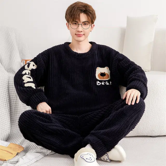 俏霓桐 卡通小熊圆领加厚加绒珊瑚绒保暖秋冬季青少年学生简约可外穿家居服睡衣套装 男款