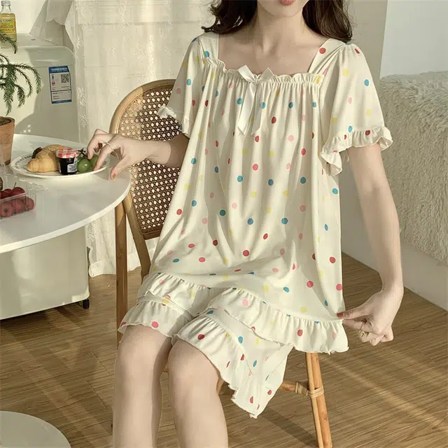 俏霓桐 可爱波点时尚甜美短袖三分裤睡衣套装 女款 图色