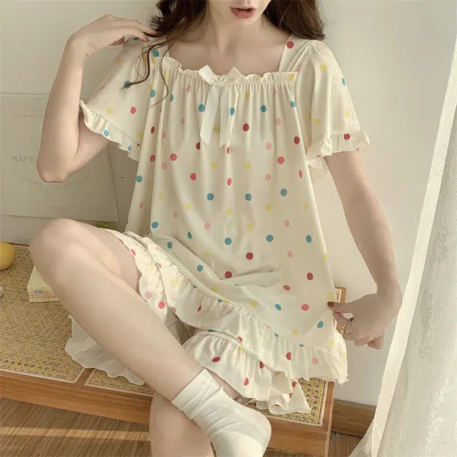 俏霓桐 可爱波点时尚甜美短袖三分裤睡衣套装 女款 图色