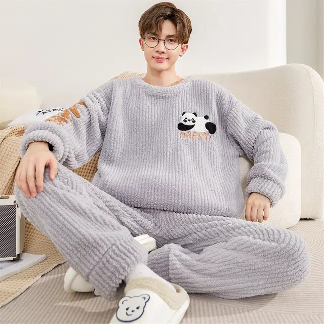 俏霓桐 卡通熊猫圆领加厚加绒珊瑚绒保暖秋冬季青少年学生简约可外穿家居服睡衣套装 男款