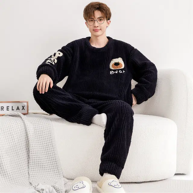俏霓桐 卡通小熊圆领加厚加绒珊瑚绒保暖秋冬季青少年学生简约可外穿家居服睡衣套装 男款