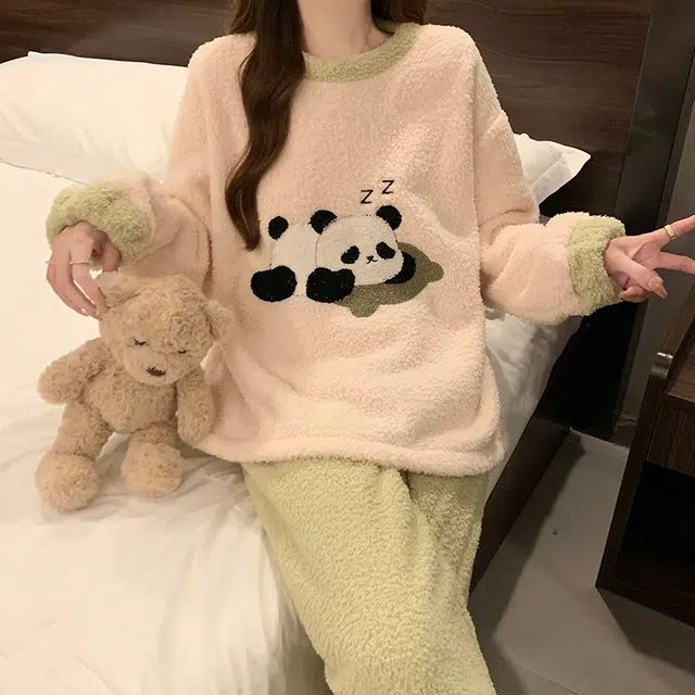 俏霓桐 时尚卡通可爱半边绒可外穿保暖家居服睡衣套装 女款 图色