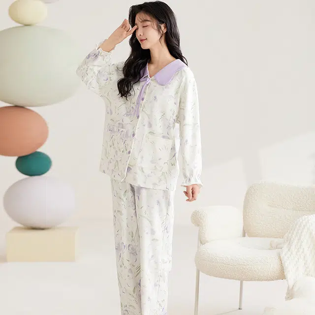 俏霓桐 可爱甜美舒适休闲开衫娃娃领长袖长裤睡衣套装 女 图色