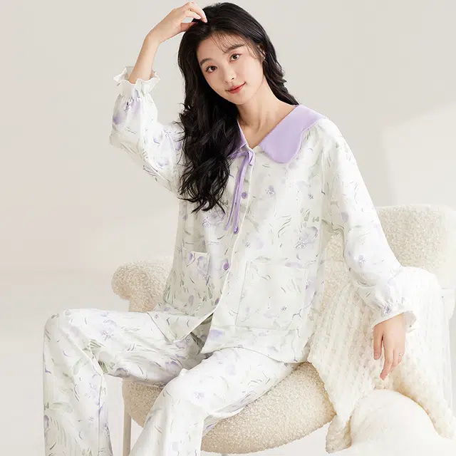 俏霓桐 可爱甜美舒适休闲开衫娃娃领长袖长裤睡衣套装 女 图色