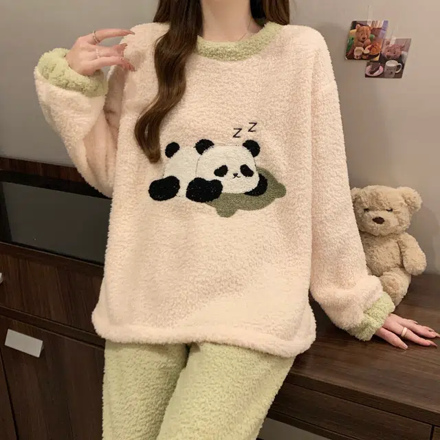 俏霓桐 时尚卡通可爱半边绒可外穿保暖家居服睡衣套装 女款 图色