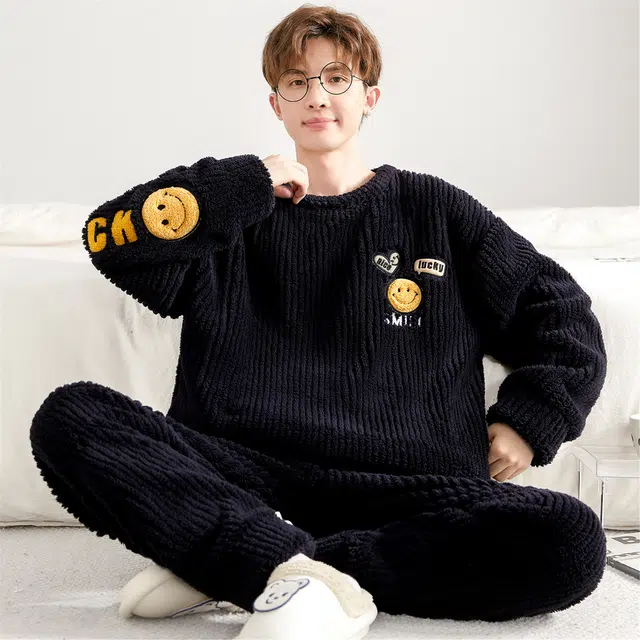俏霓桐 卡通笑脸圆领加厚加绒珊瑚绒保暖秋冬季青少年学生简约可外穿家居服睡衣套装 男款
