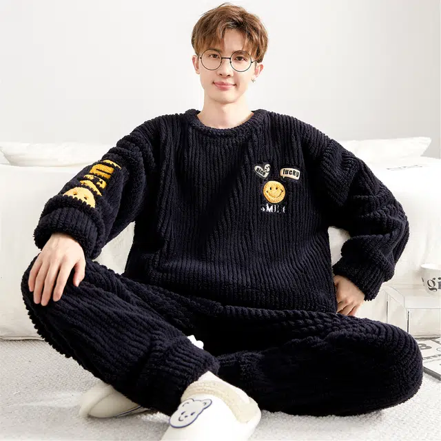 俏霓桐 卡通笑脸圆领加厚加绒珊瑚绒保暖秋冬季青少年学生简约可外穿家居服睡衣套装 男款